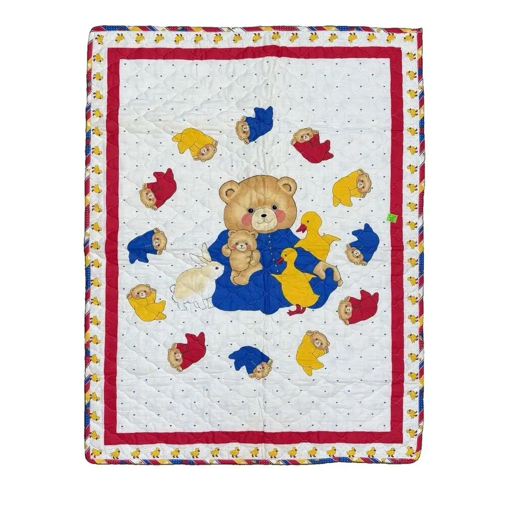 Vintage BABY Quilt Teddy Bears Ducks Striped Trim Blanklet Handmade Reversible